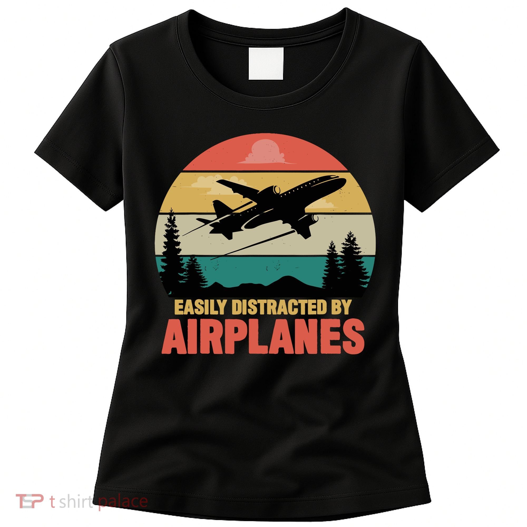 Easily Distracted By Airplanes Lover Retro Funny Pilot Women's T-Shirt