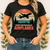 Easily Distracted By Airplanes Lover Retro Funny Pilot Women's T-Shirt thumb 2