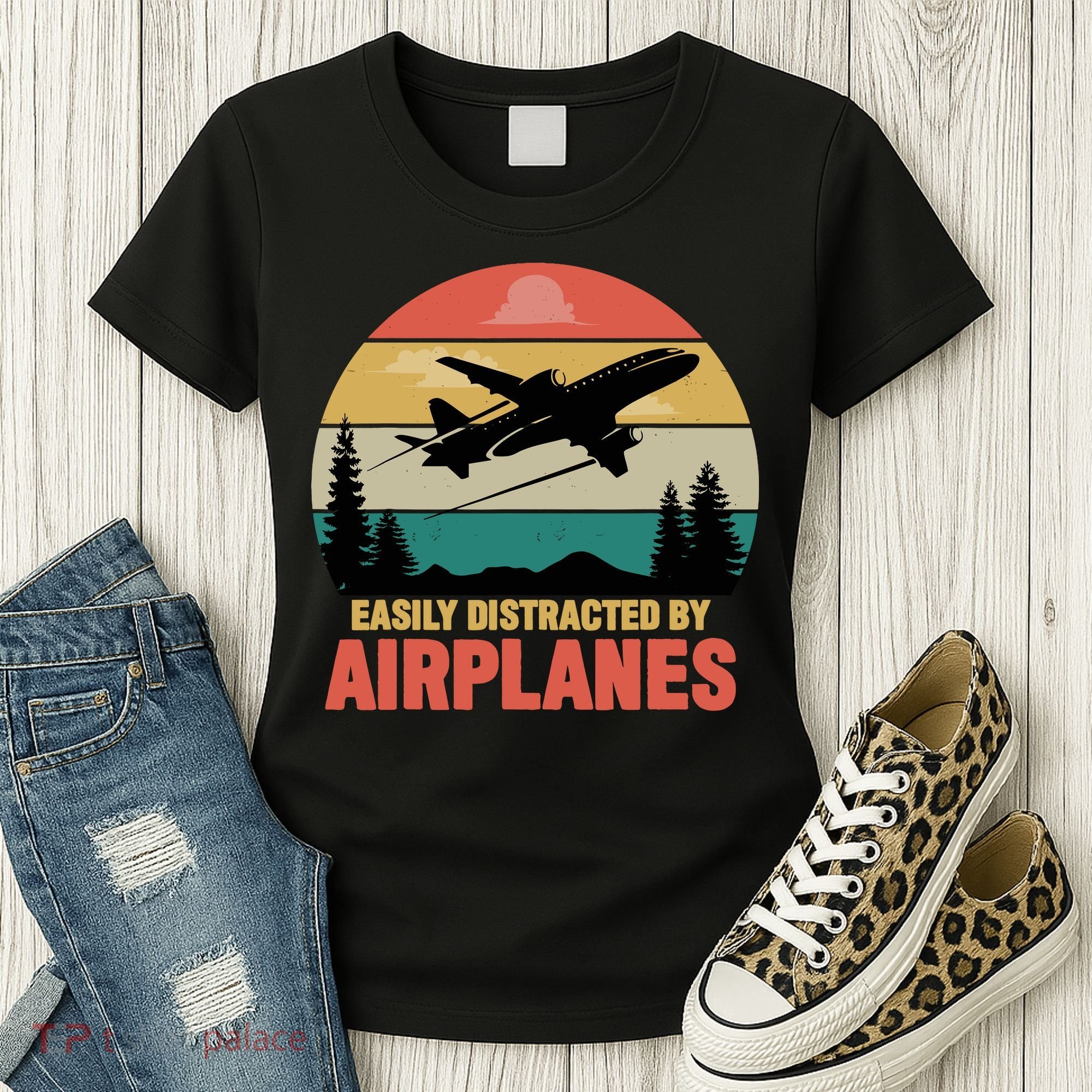 Easily Distracted By Airplanes Lover Retro Funny Pilot Women's T-Shirt