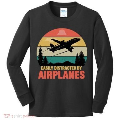 Easily Distracted By Airplanes Lover Retro Funny Pilot Kids Long Sleeve Shirt
