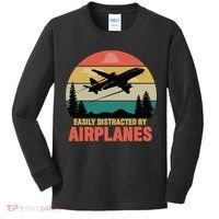 Easily Distracted By Airplanes Lover Retro Funny Pilot Kids Long Sleeve Shirt thumb 0