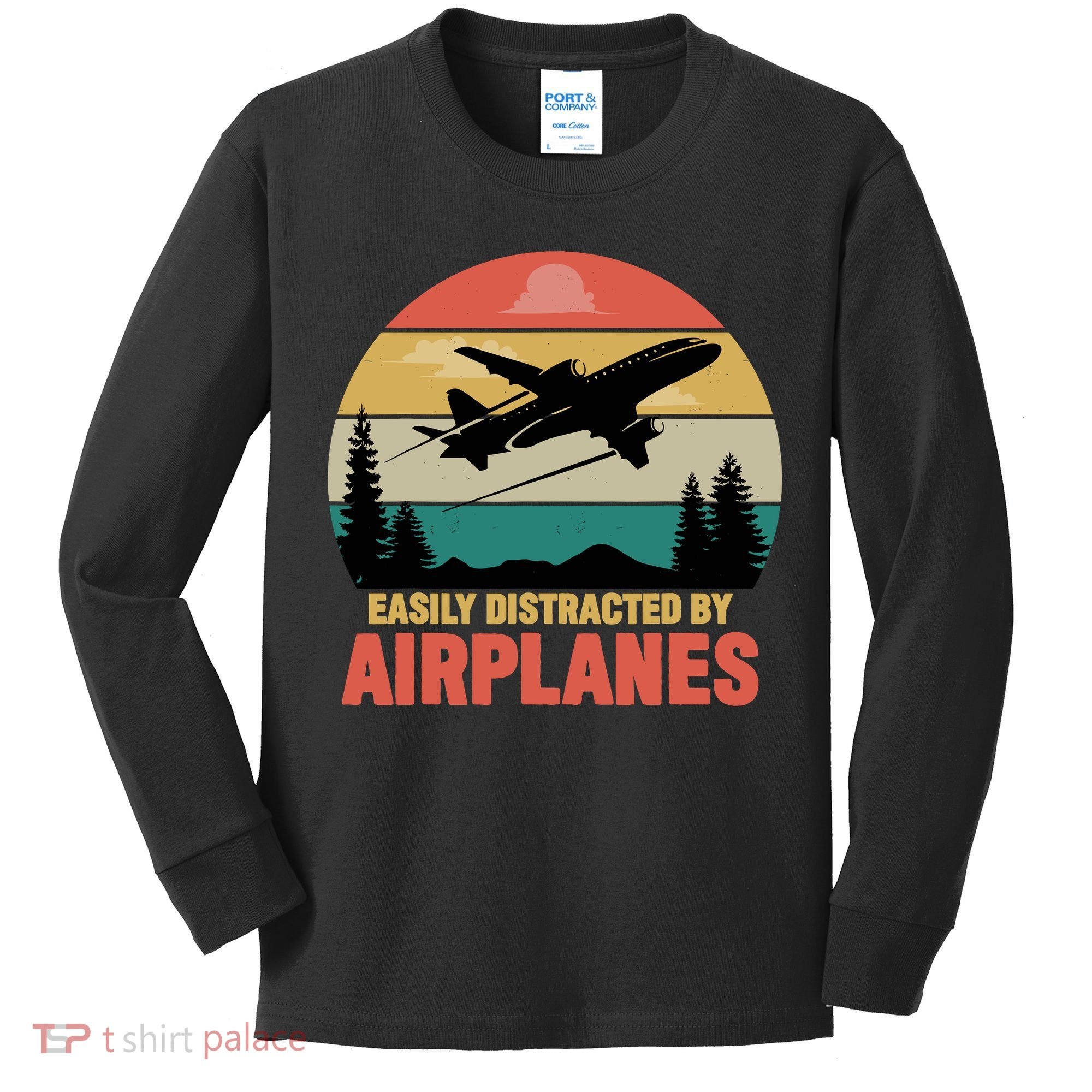 Easily Distracted By Airplanes Lover Retro Funny Pilot Kids Long Sleeve Shirt