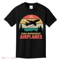 Easily Distracted By Airplanes Lover Retro Funny Pilot Kids T-Shirt thumb 0