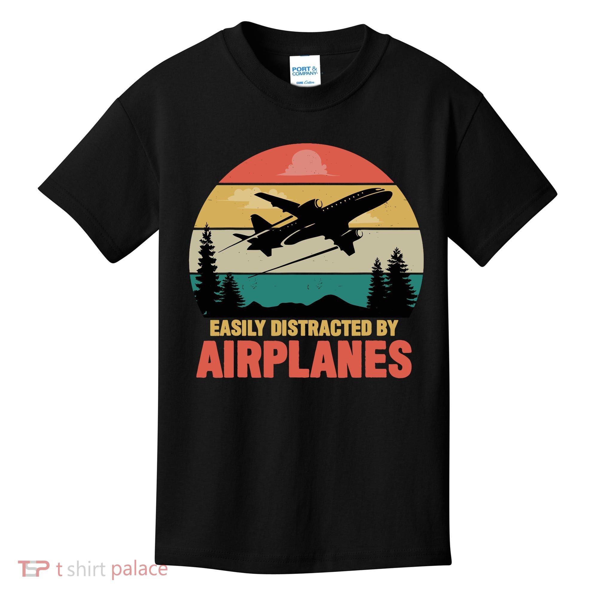 Easily Distracted By Airplanes Lover Retro Funny Pilot Kids T-Shirt