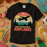 Easily Distracted By Airplanes Lover Retro Funny Pilot Kids T-Shirt thumb 3