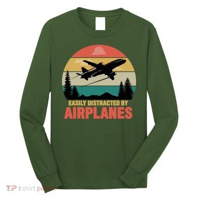 Easily Distracted By Airplanes Lover Retro Funny Pilot Long Sleeve Shirt