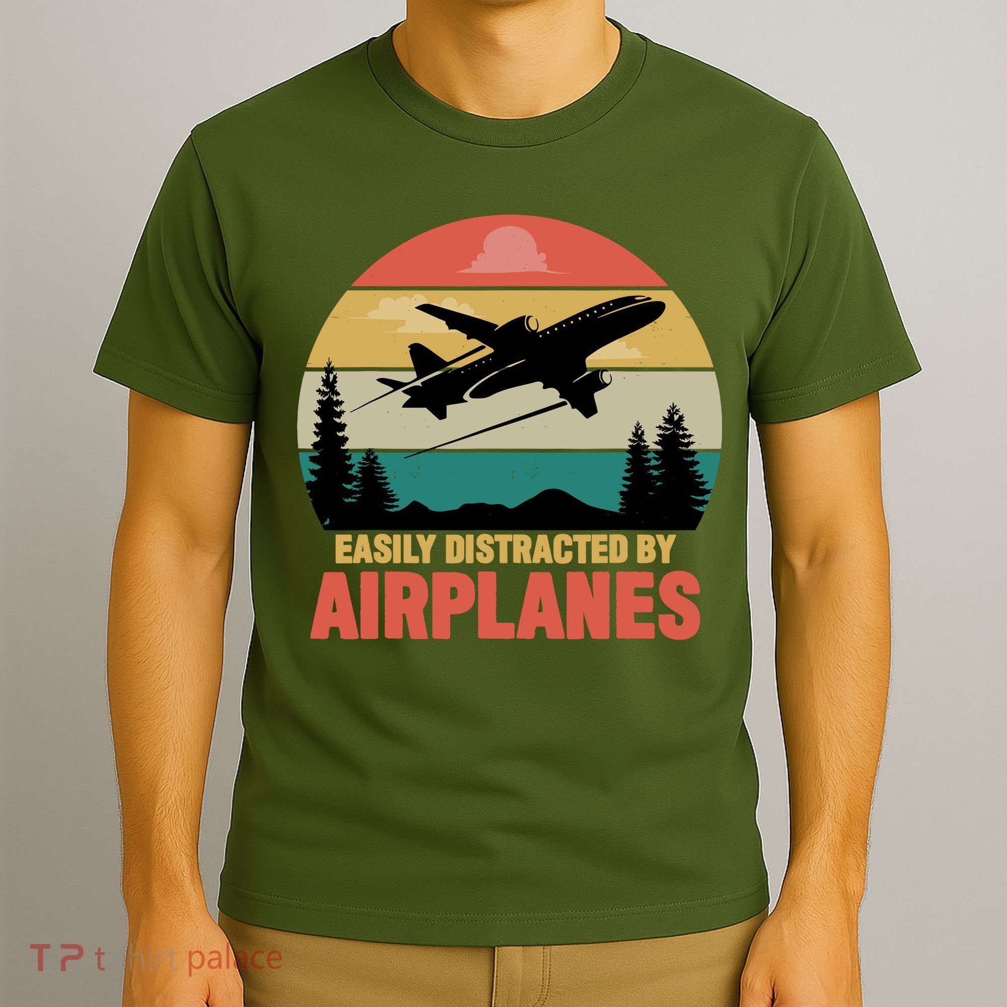 Easily Distracted By Airplanes Lover Retro Funny Pilot T-Shirt