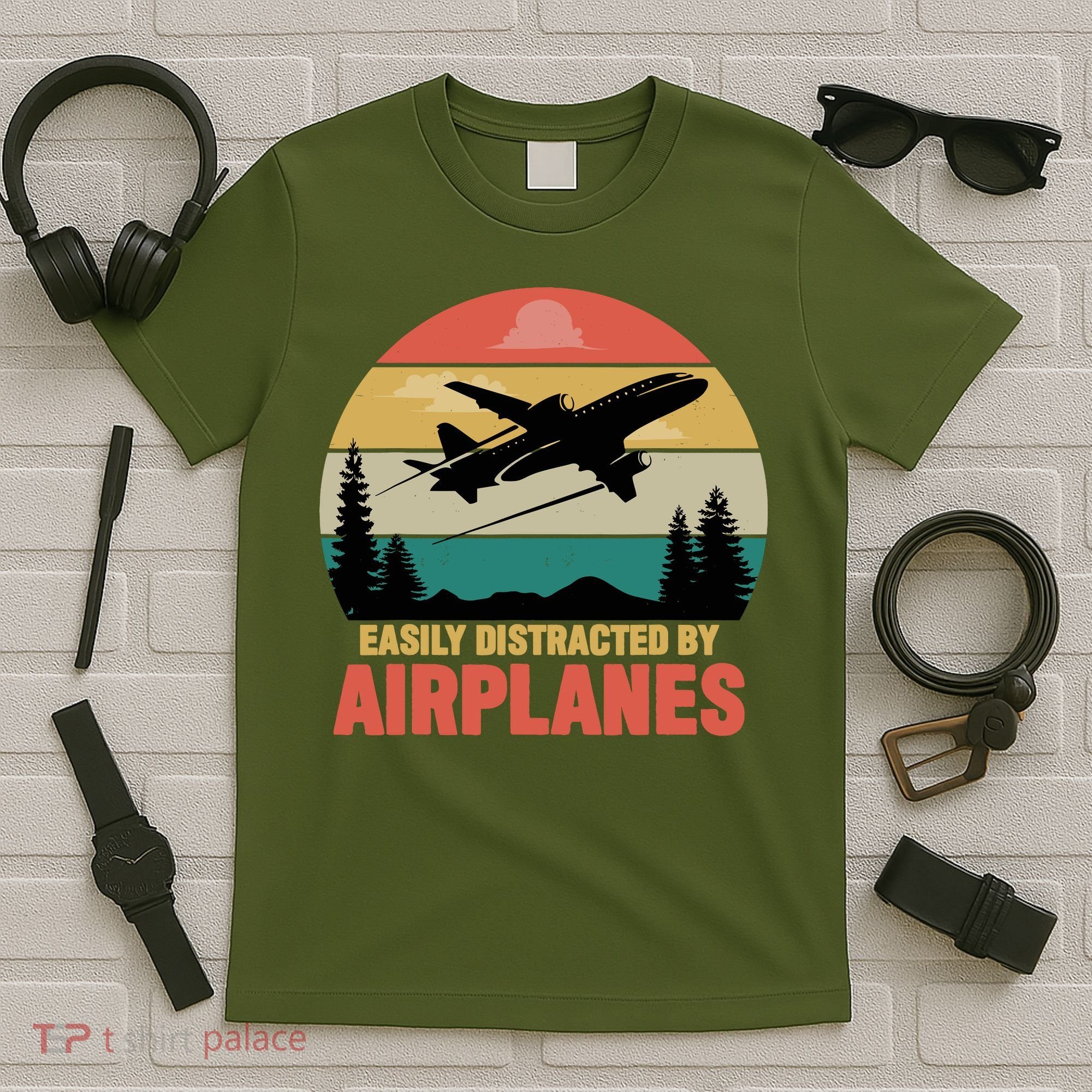 Easily Distracted By Airplanes Lover Retro Funny Pilot T-Shirt
