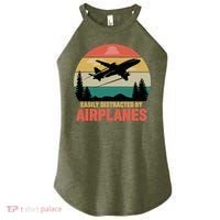 Easily Distracted By Airplanes Lover Retro Funny Pilot Women's Perfect Tri Rocker Tank thumb 0