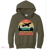 Easily Distracted By Airplanes Lover Retro Funny Pilot Kids Hoodie thumb 0