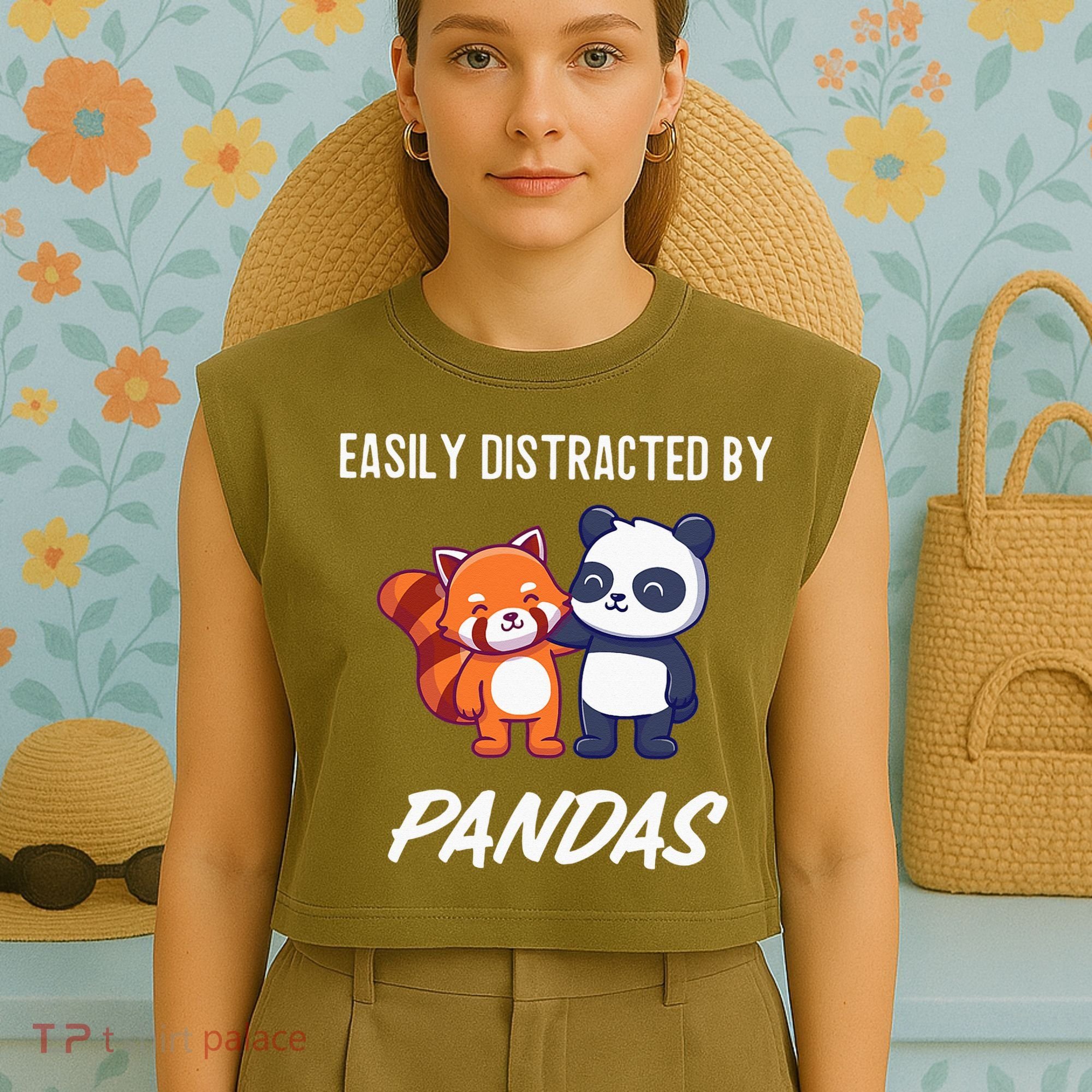 Easily Distracted By Pandas Cute Red Panda And Panda Garment-Dyed Women's Muscle Tee