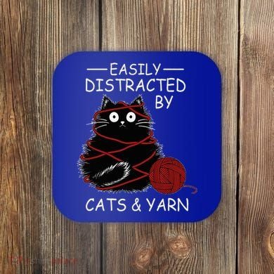 Easily Distracted By Cats And Yarn Kitten Lover Crochet Coaster