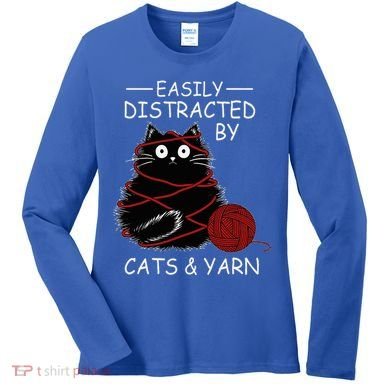 Easily Distracted By Cats And Yarn Kitten Lover Crochet Women's Long Sleeve Shirt