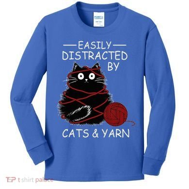 Easily Distracted By Cats And Yarn Kitten Lover Crochet Kids Long Sleeve Shirt