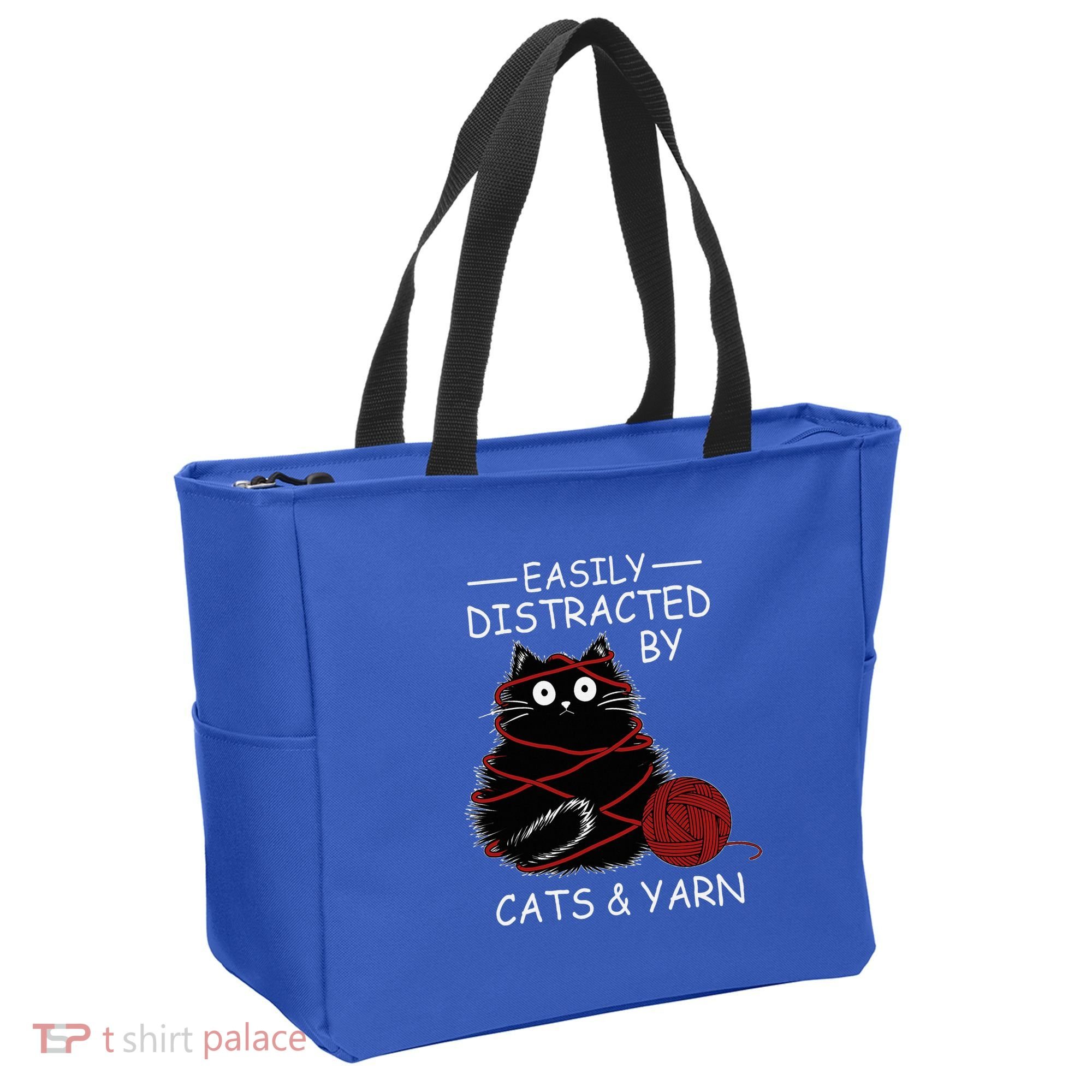 Easily Distracted By Cats And Yarn Kitten Lover Crochet Tote Bag