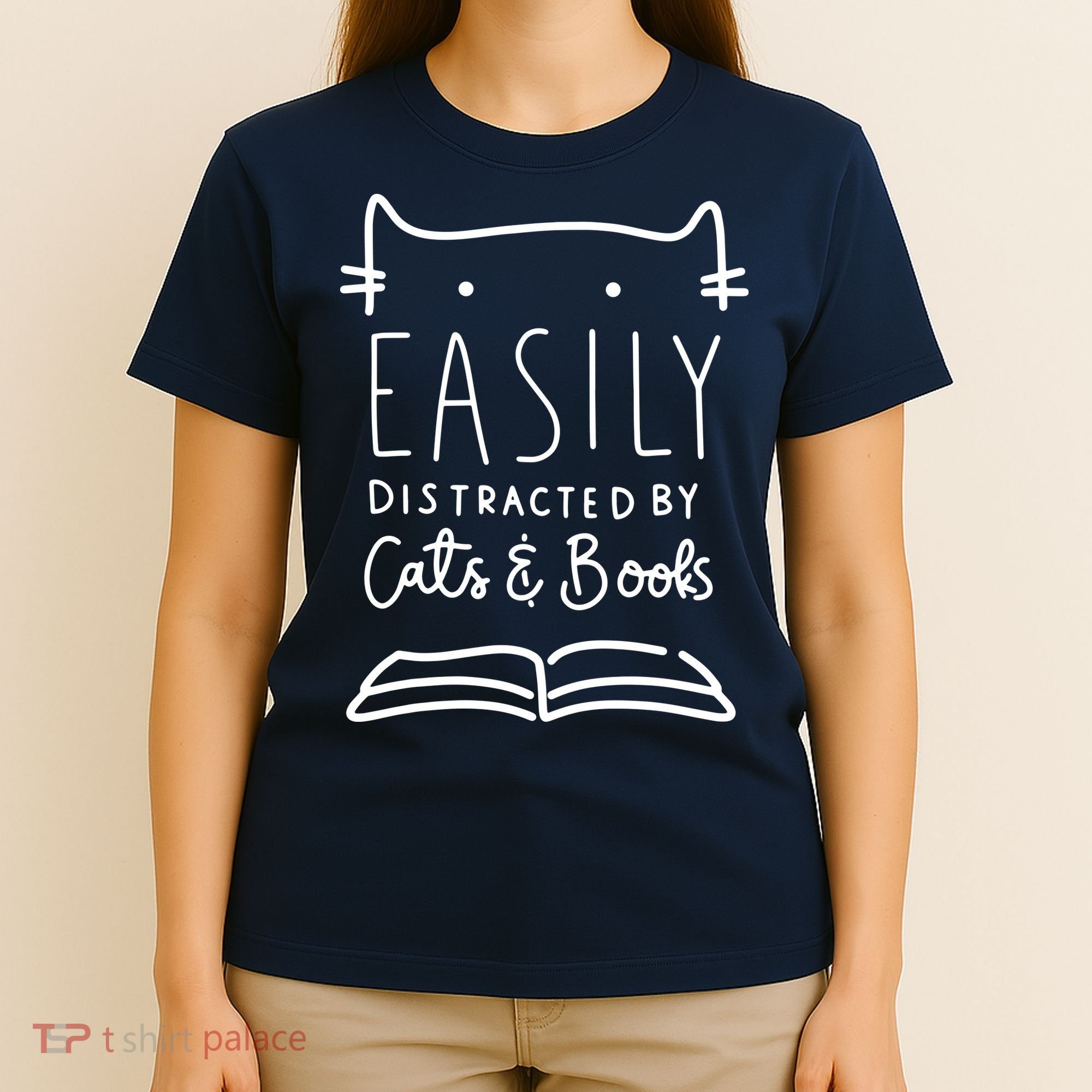 Easily Distracted By Cats And Books Cat & Book Lover T-Shirt