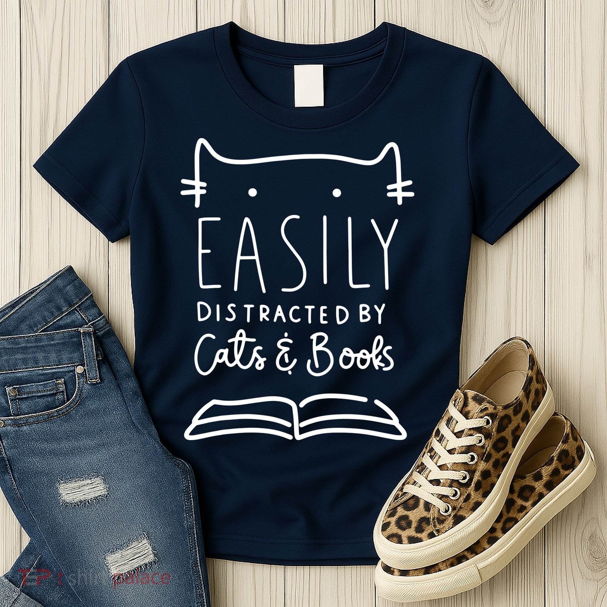 Easily Distracted By Cats And Books Cat & Book Lover Women's T-Shirt