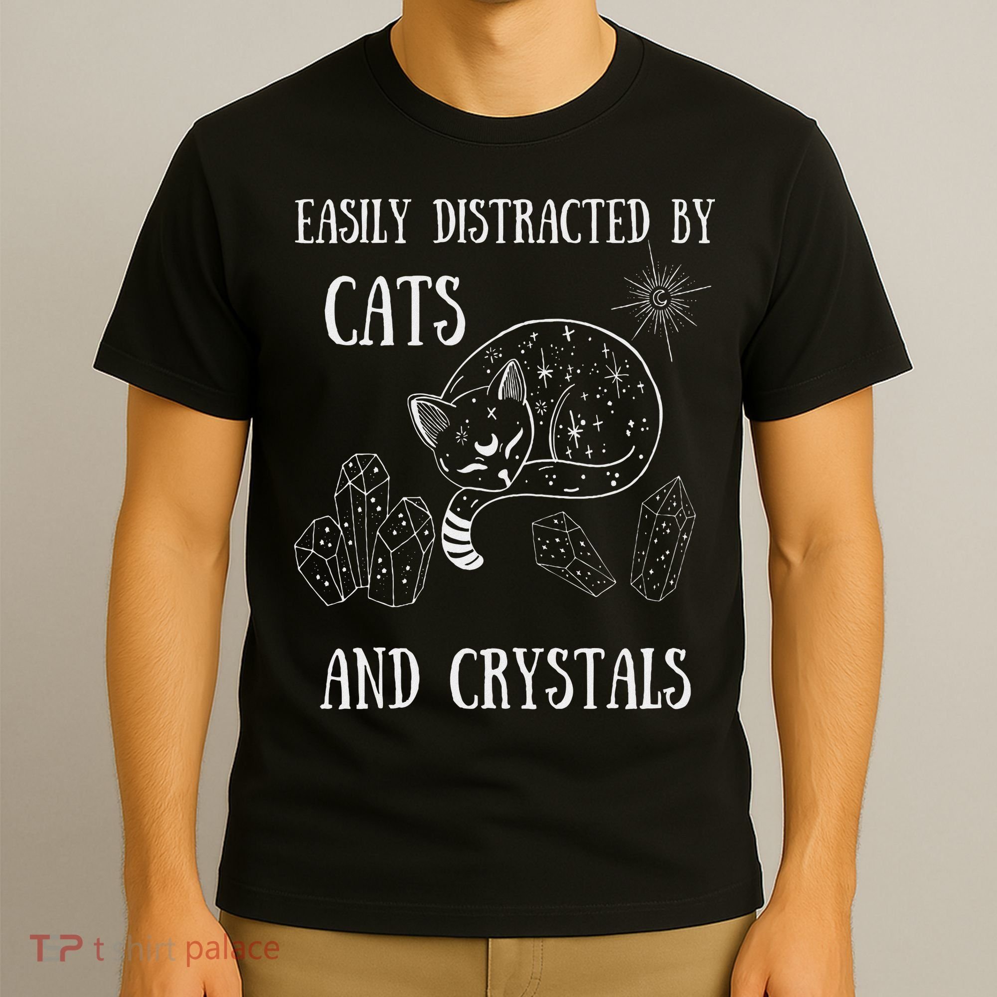 Easily Distracted By Cats Crystals Boho Spiritual Wiccan T-Shirt