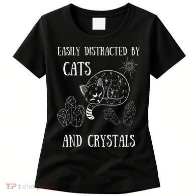 Easily Distracted By Cats Crystals Boho Spiritual Wiccan Women's T-Shirt