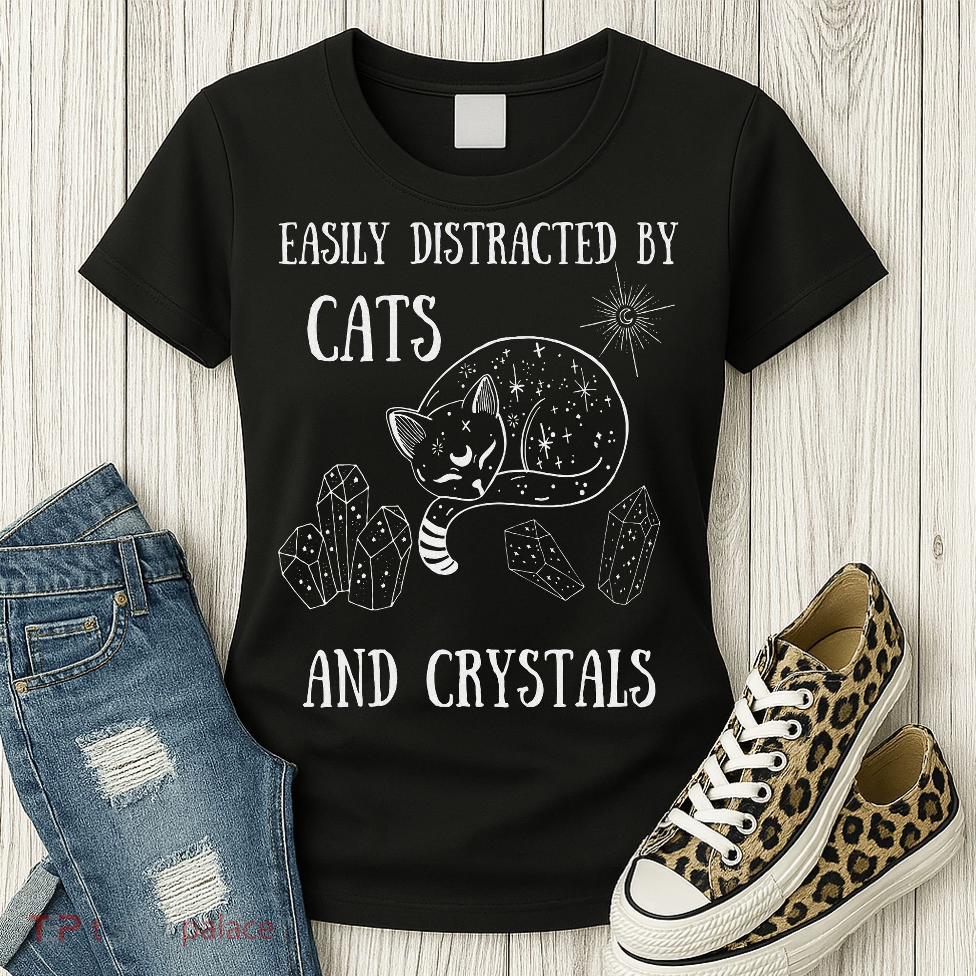Easily Distracted By Cats Crystals Boho Spiritual Wiccan Women's T-Shirt