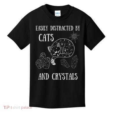 Easily Distracted By Cats Crystals Boho Spiritual Wiccan Kids T-Shirt