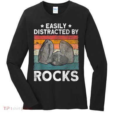 Easily Distracted By Rocks Collector Mineral Retro Geologist Women's Long Sleeve Shirt