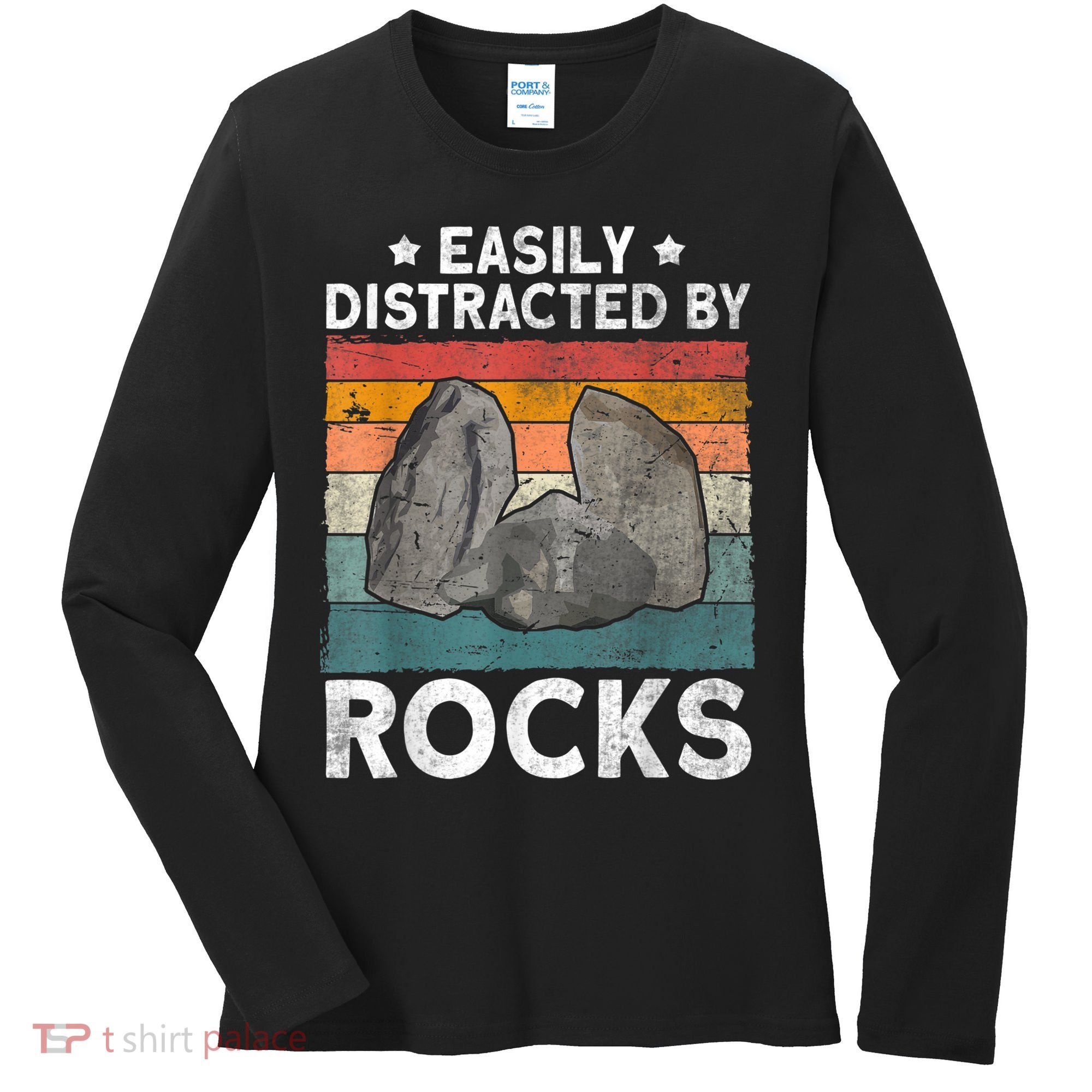 Easily Distracted By Rocks Collector Mineral Retro Geologist Women's Long Sleeve Shirt