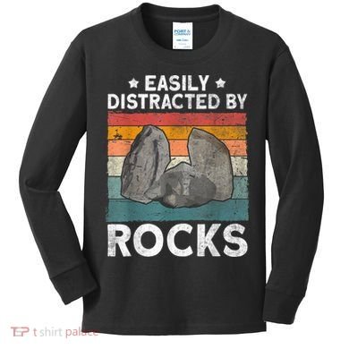 Easily Distracted By Rocks Collector Mineral Retro Geologist Kids Long Sleeve Shirt