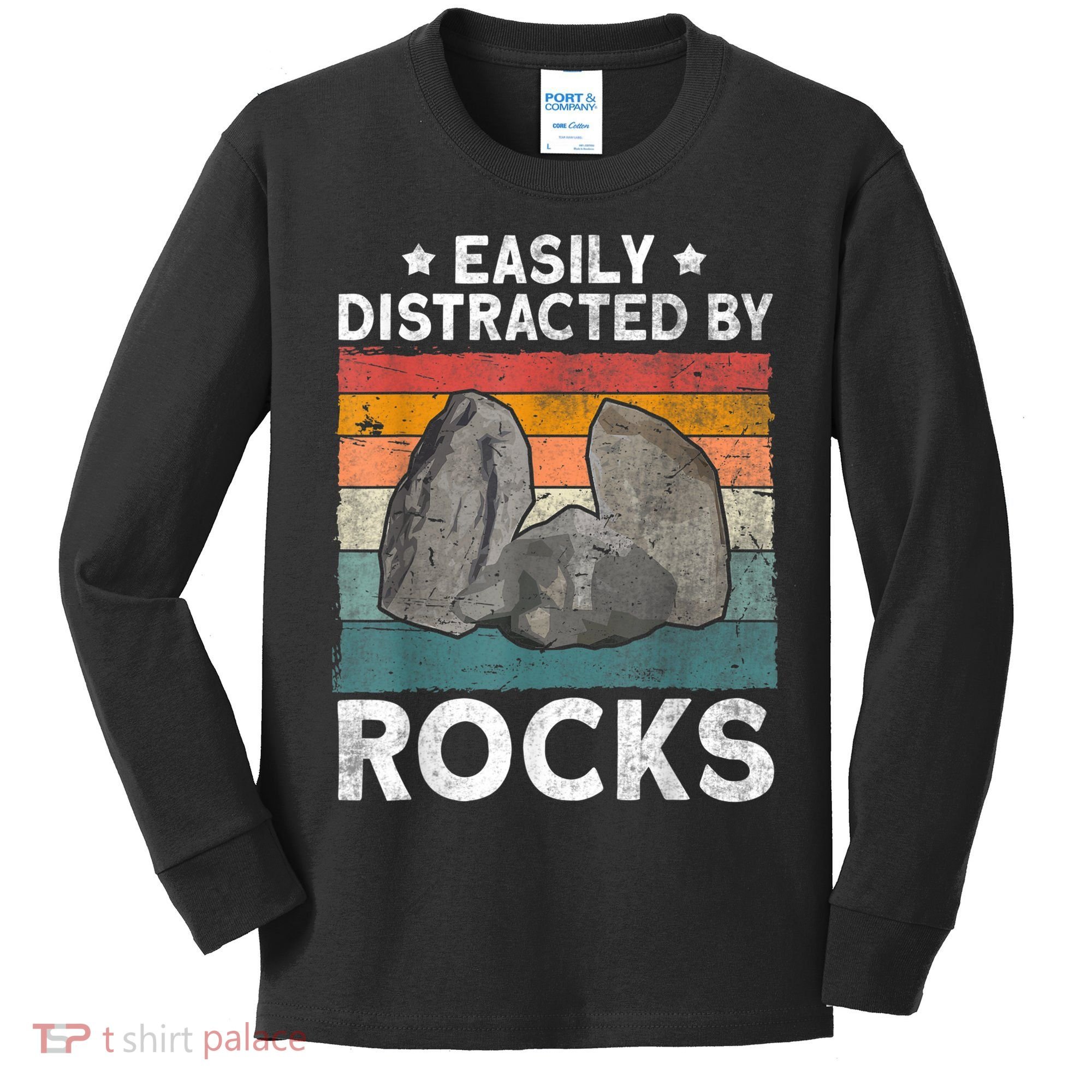 Easily Distracted By Rocks Collector Mineral Retro Geologist Kids Long Sleeve Shirt