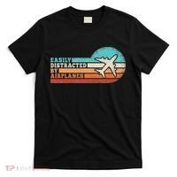 Easily Distracted By Airplanes Funny Pilot Aviation T-Shirt thumb 0