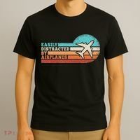 Easily Distracted By Airplanes Funny Pilot Aviation T-Shirt thumb 3