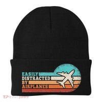 Easily Distracted By Airplanes Funny Pilot Aviation Beanie thumb 0