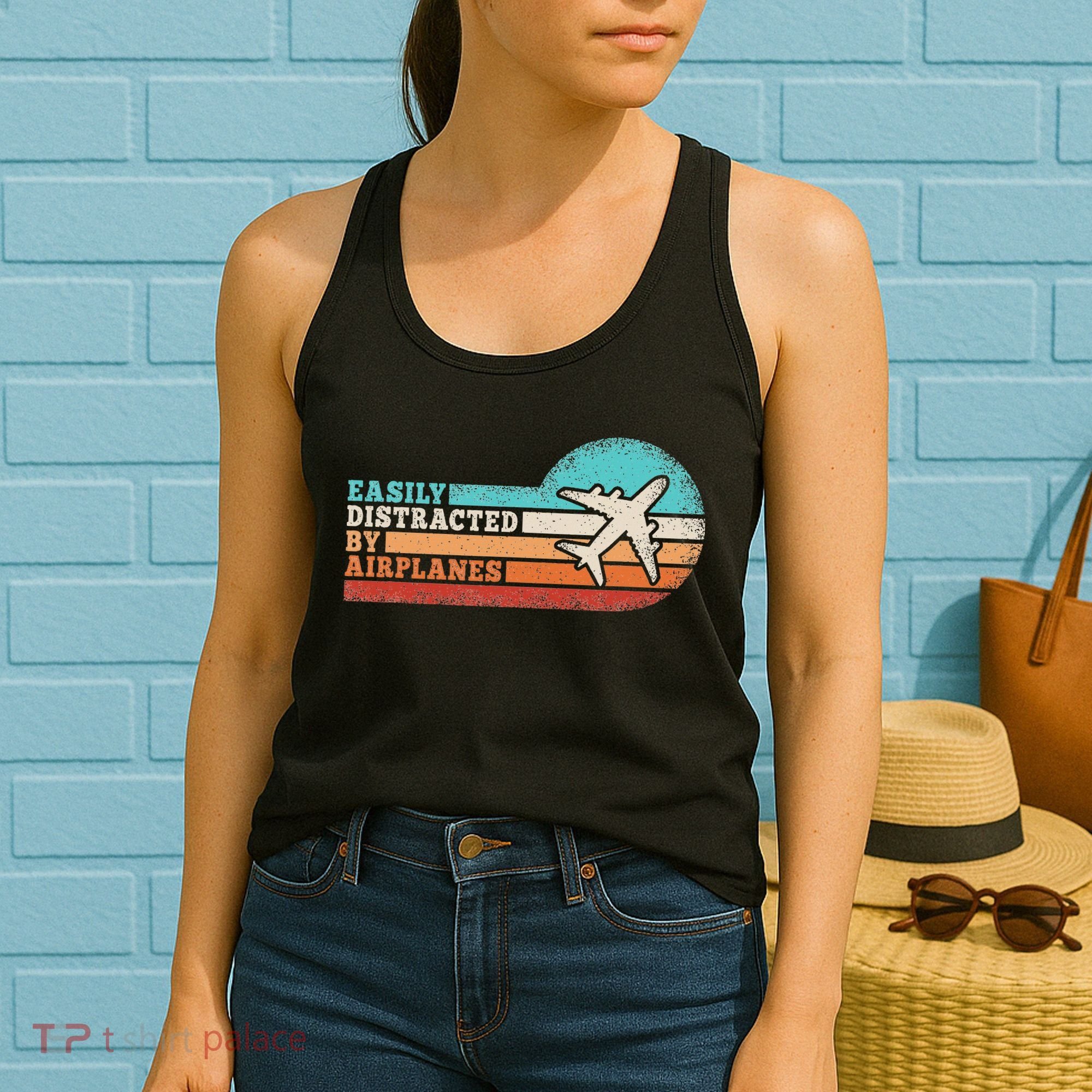 Easily Distracted By Airplanes Funny Pilot Aviation Women's Tank Top