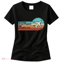 Easily Distracted By Airplanes Funny Pilot Aviation Women's T-Shirt thumb 0