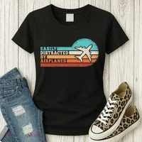 Easily Distracted By Airplanes Funny Pilot Aviation Women's T-Shirt thumb 3