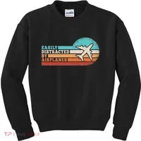 Easily Distracted By Airplanes Funny Pilot Aviation Kids Sweatshirt thumb 0