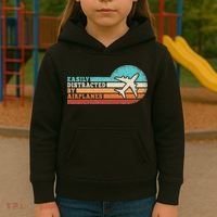 Easily Distracted By Airplanes Funny Pilot Aviation Kids Hoodie thumb 3
