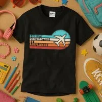 Easily Distracted By Airplanes Funny Pilot Aviation Kids T-Shirt thumb 3