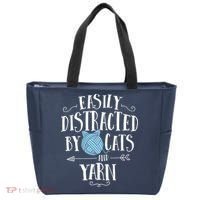 Easily Distracted By Cats And Yarn Knitting Yarn Crochet Tote Bag thumb 0