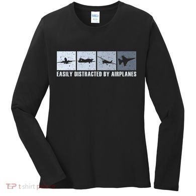 Easily Distracted By Airplanes Aviation Pilot Airplane Women's Long Sleeve Shirt