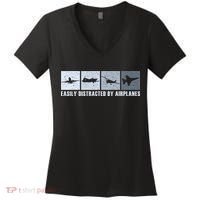 Easily Distracted By Airplanes Aviation Pilot Airplane Women's V-Neck T-Shirt thumb 0