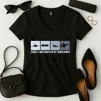 Easily Distracted By Airplanes Aviation Pilot Airplane Women's V-Neck T-Shirt thumb 2