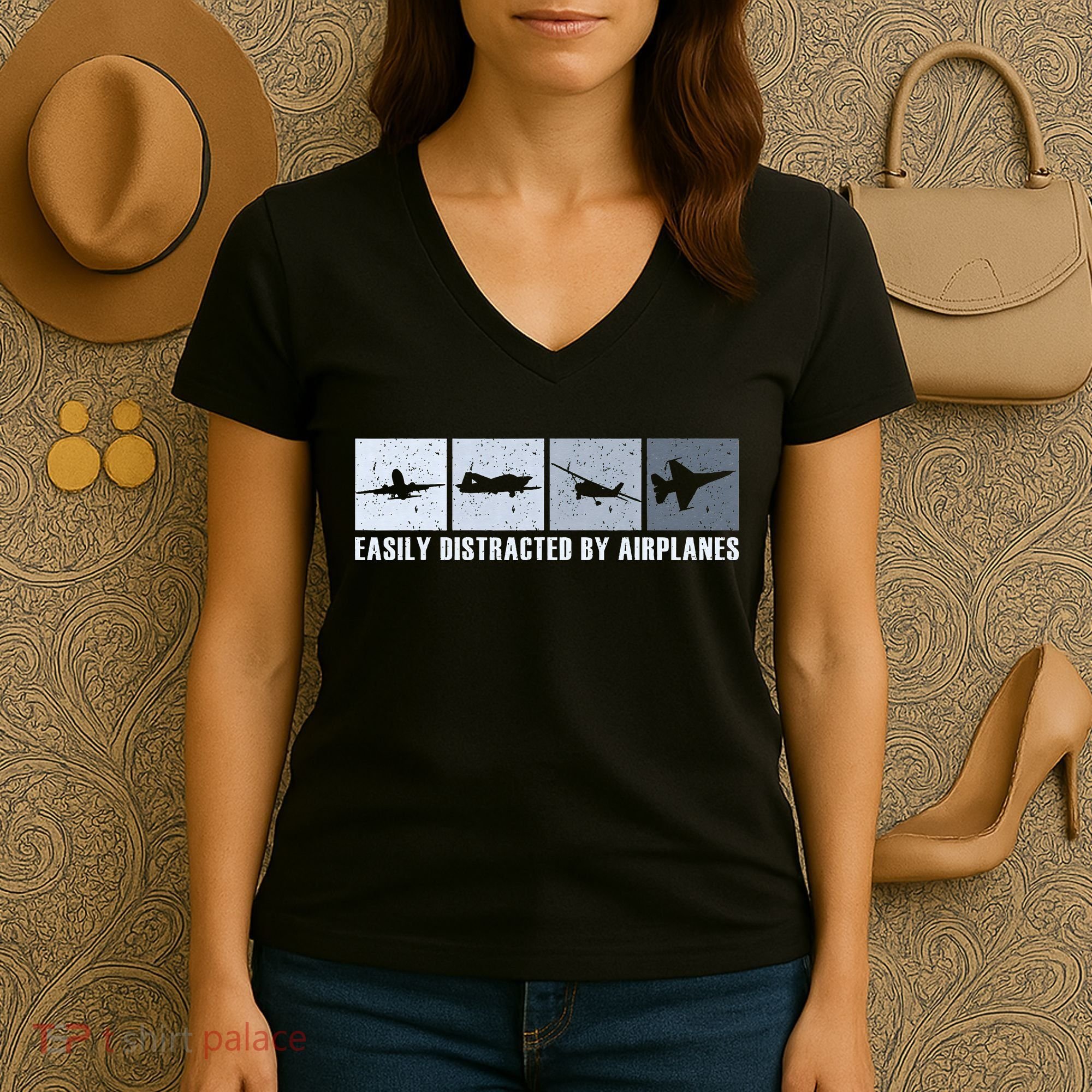 Easily Distracted By Airplanes Aviation Pilot Airplane Women's V-Neck T-Shirt