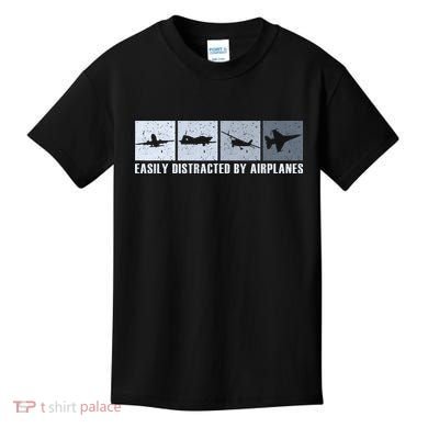 Easily Distracted By Airplanes Aviation Pilot Airplane Kids T-Shirt