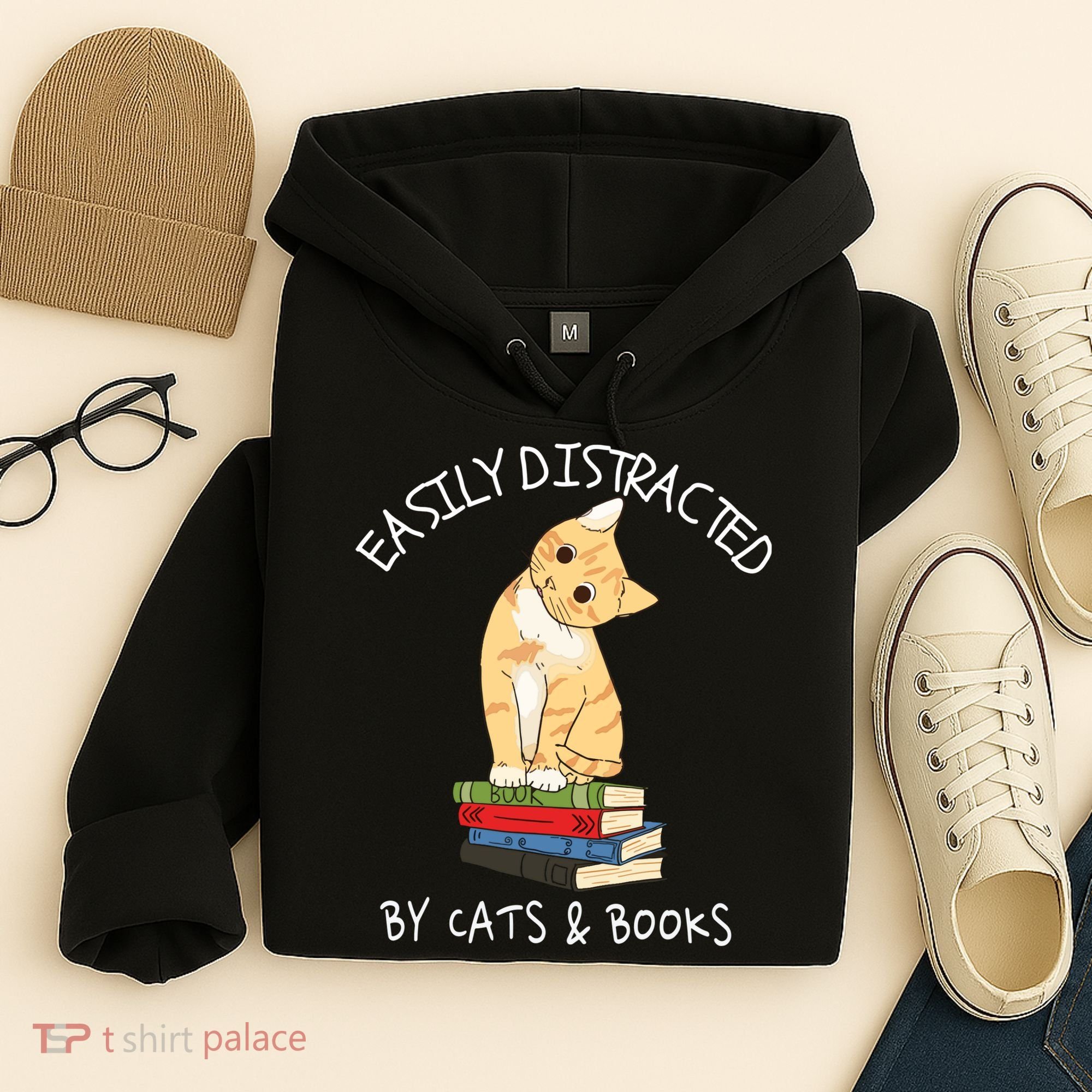 Easily Distracted By Cats And Books Cat & Book Lover Hoodie