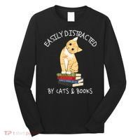 Easily Distracted By Cats And Books Cat & Book Lover Long Sleeve Shirt thumb 0