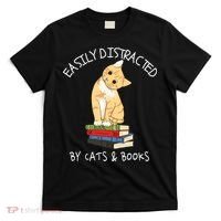 Easily Distracted By Cats And Books Cat & Book Lover T-Shirt thumb 0