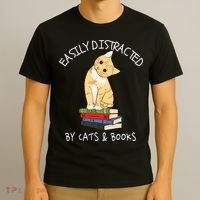 Easily Distracted By Cats And Books Cat & Book Lover T-Shirt thumb 3