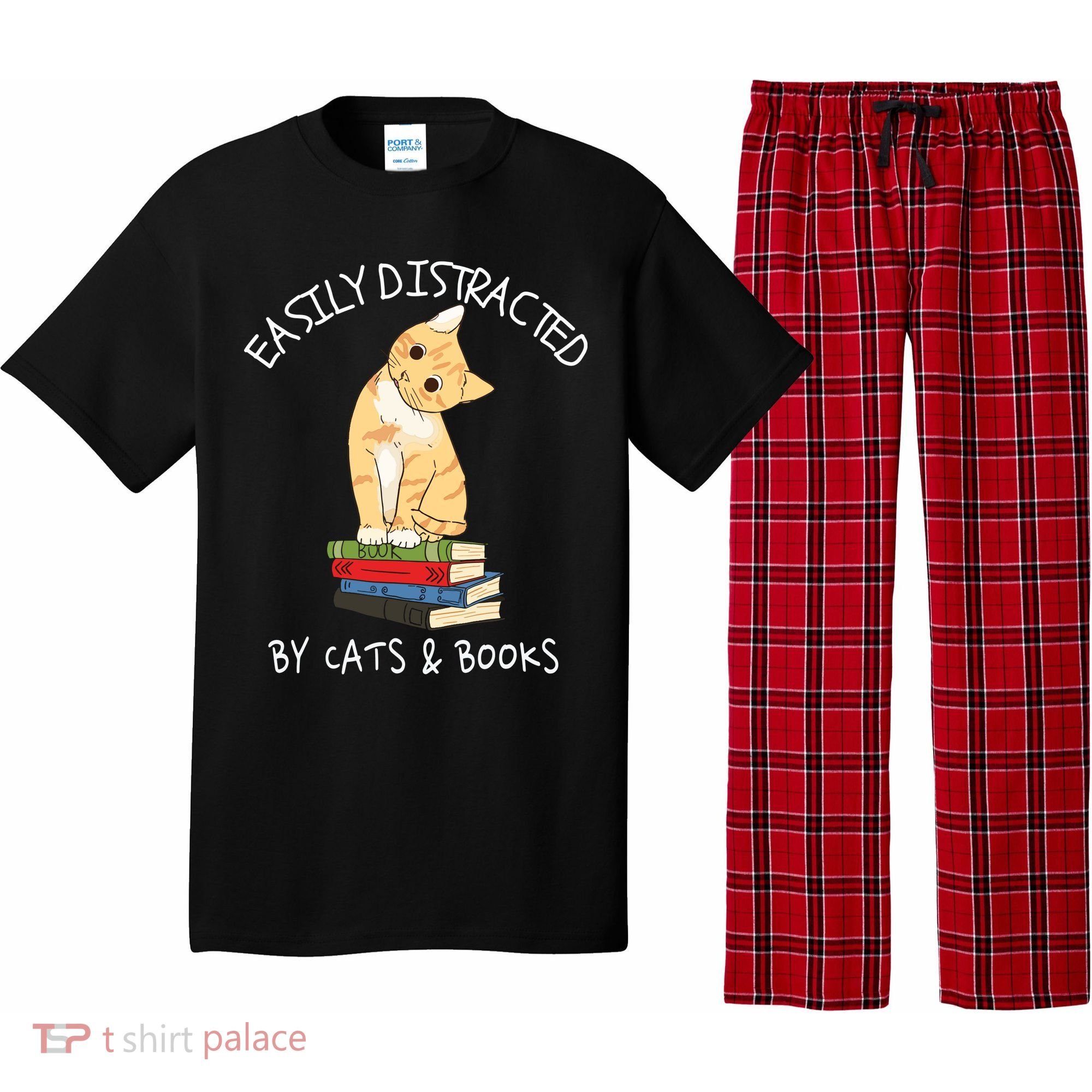 Easily Distracted By Cats And Books Cat & Book Lover Pajama Set