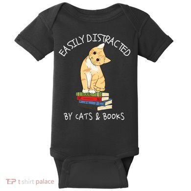 Easily Distracted By Cats And Books Cat & Book Lover Baby Bodysuit